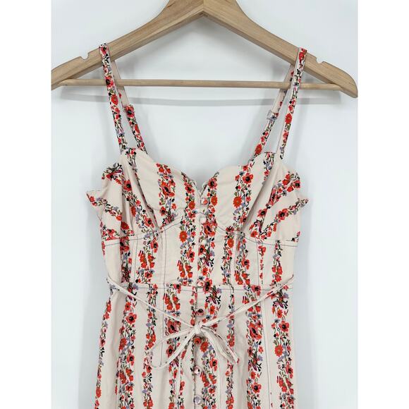 Anthropologie Slim Scalloped Corset Dress Floral Striped Belted Button Slit Midi - Picture 7 of 14